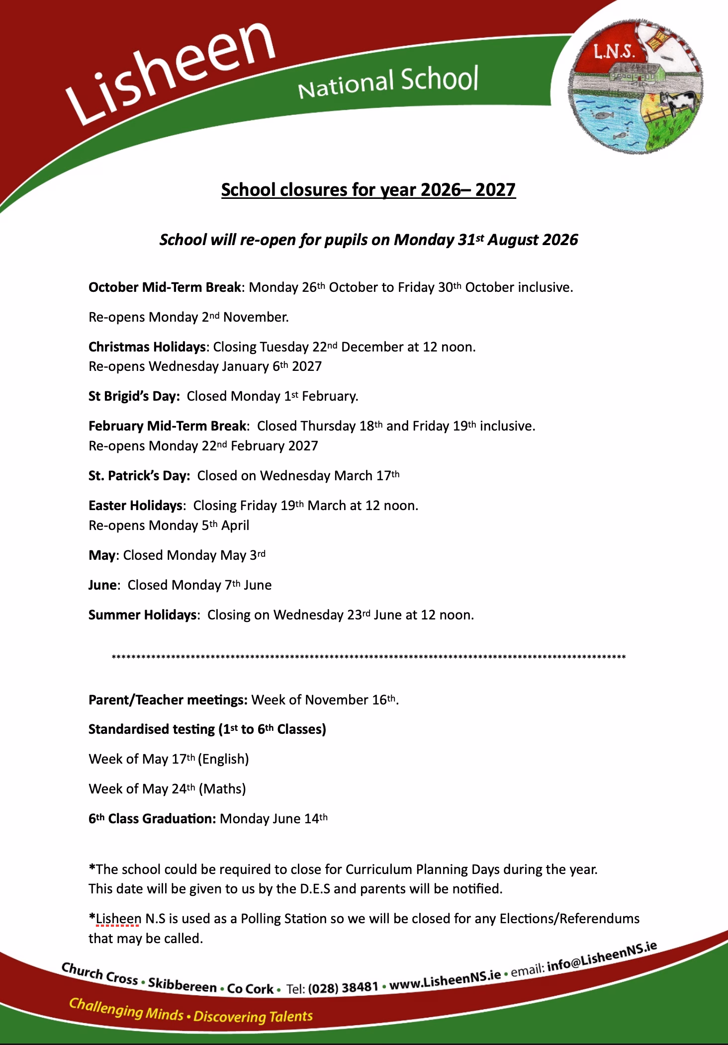 Lisheen NS calendar 2027